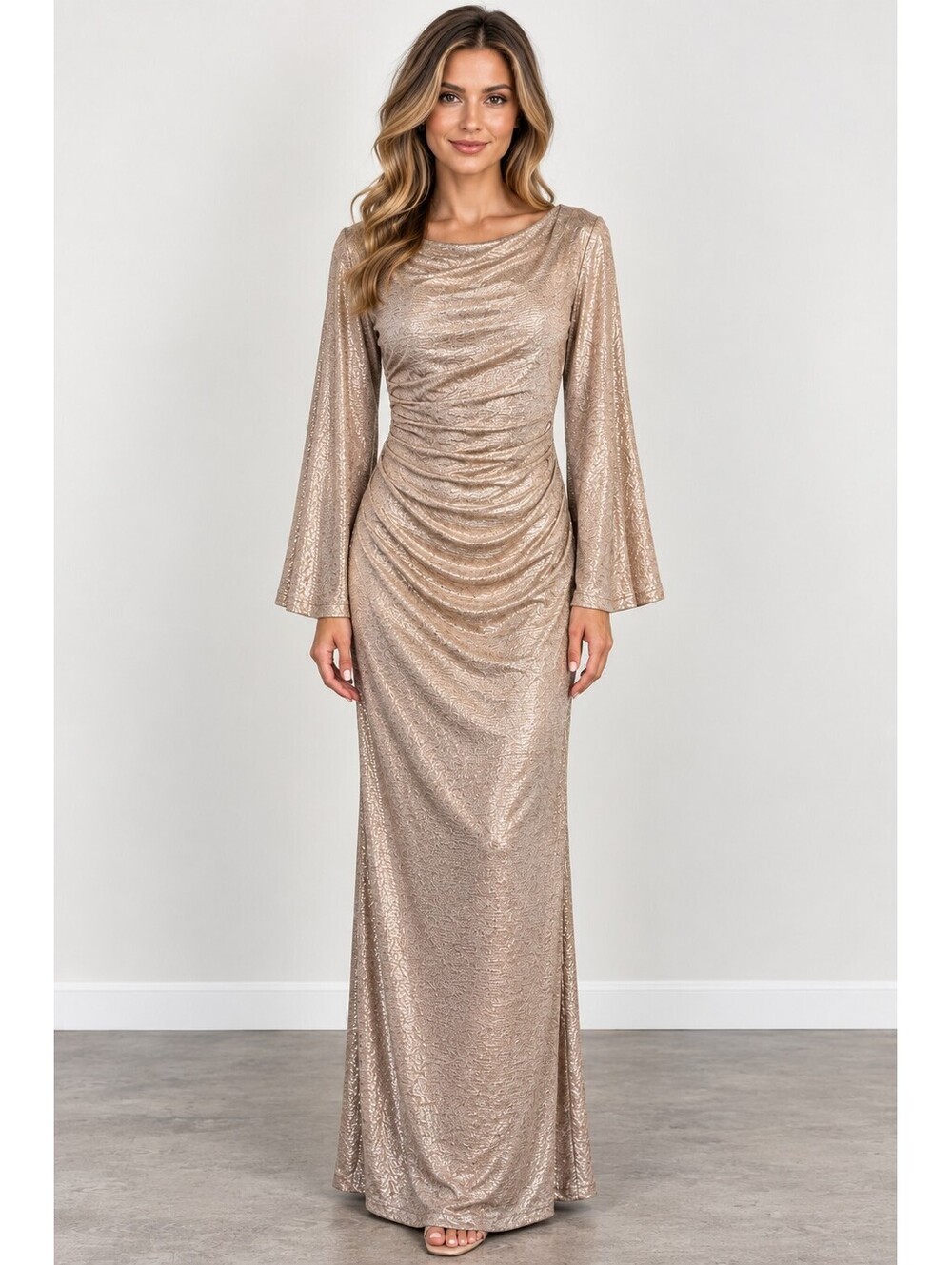 Vintage Y2K R&M Richards 6P Petite Rose Gold Metallic Ruched Maxi Evening Dress